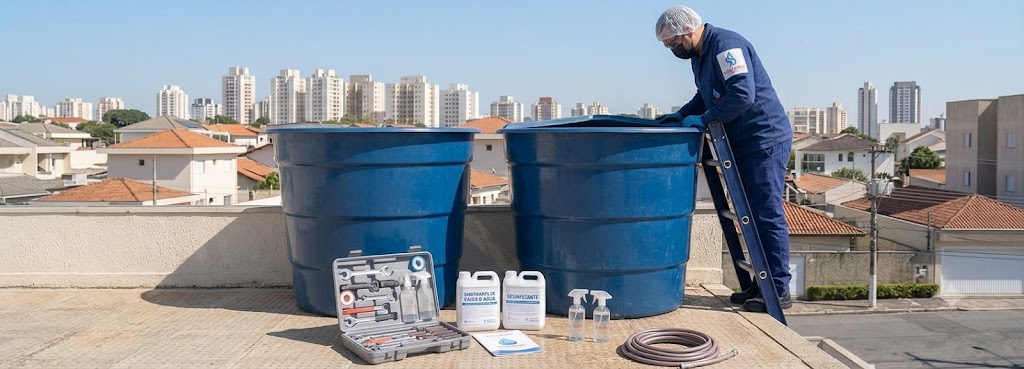 Profissional realizando Imunização e Desinfecção Bacteriológica de Caixas D'água em Pomerode